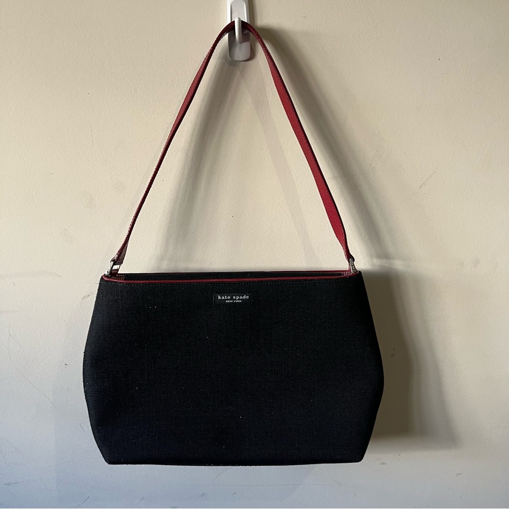 Kate Spade Black Sam Handbag Purse Zipper Closure Short Strap Open Weave Fabric